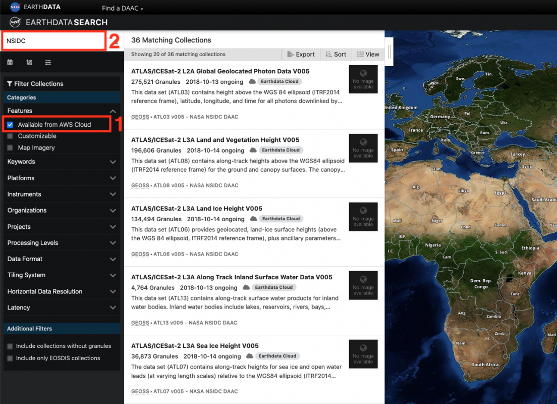 Search for Cloud Datasets in Earthdata Search